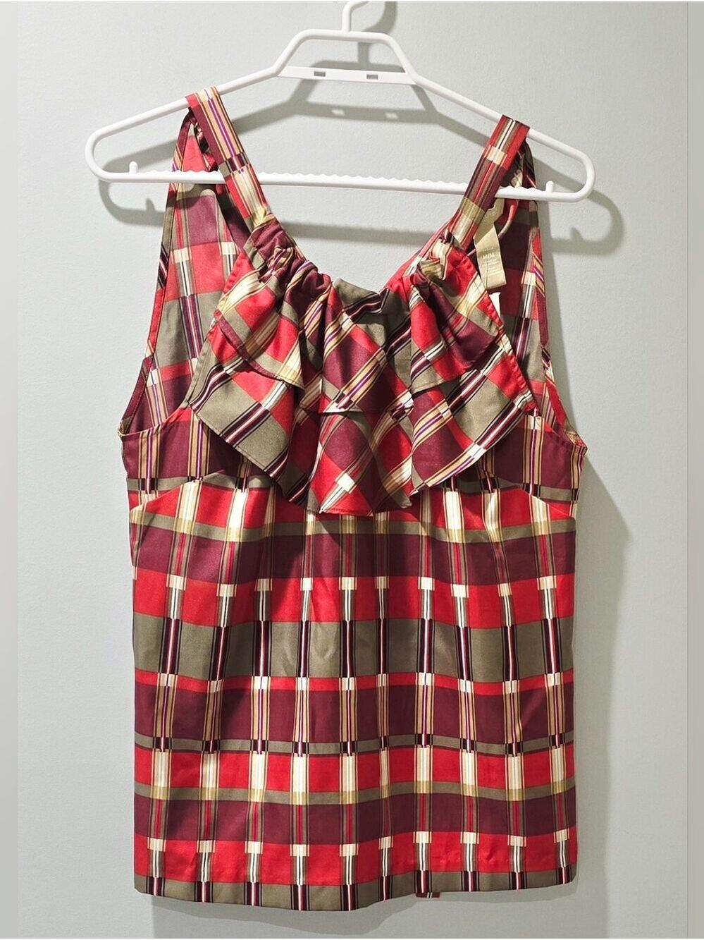 Banana Republic Petite Women's Red Olive Plaid Ruffle Top Size M